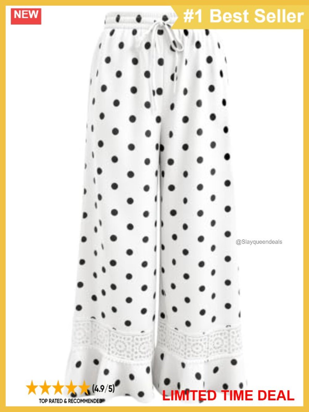 Wide Leg Palazzo Pants Lace Trim Ruffle Hem Drawstring Flowy Trousers